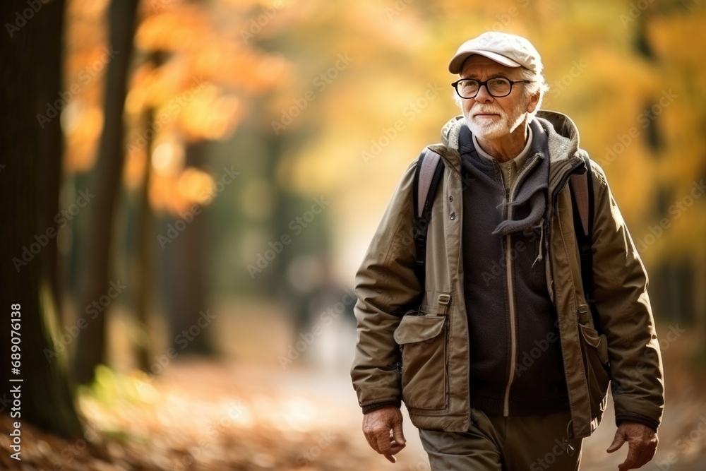 Senior man enjoying walk in autumn park. Active aging and retirement. Senior man enjoying walk in autumn park. Active aging and retirement.