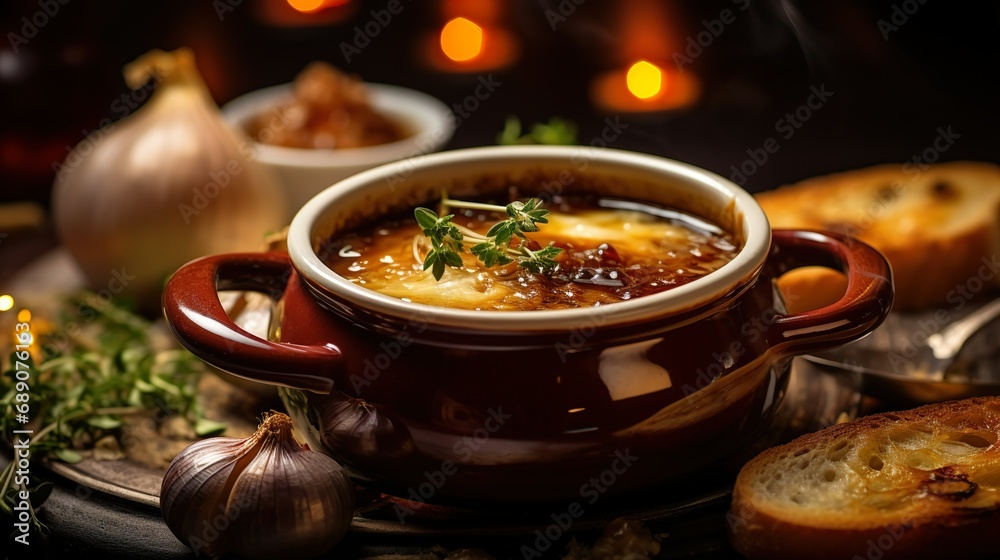 Classic french onion soup with grating cheese and parsley. Served with toasted baguette on the wooden table background. Serving fancy vegetarian food in a restaurant.