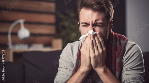 Young man sitting on sofa at home and blows his nose into a napkin