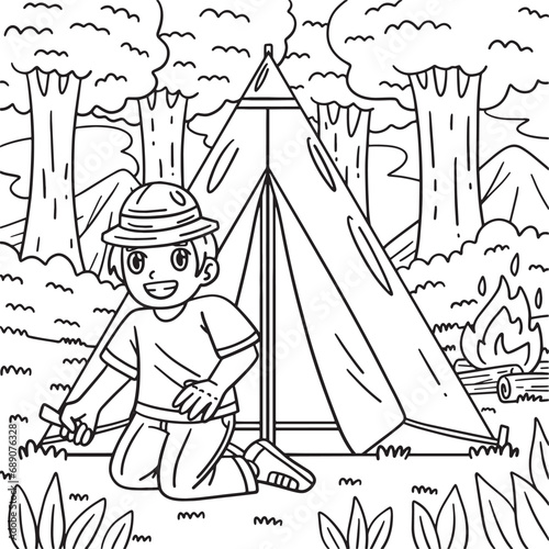 Camping Camper Setting Up Tent Coloring Page 