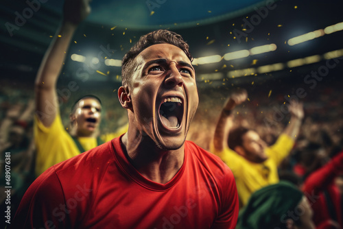 Euphoric soccer player celebrating victory on packed stadium. Sports enthusiasm and triumph.