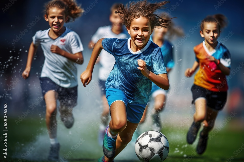 Young female soccer players chasing ball during game. Youth sports and teamwork. Young female soccer players chasing ball during game. Youth sports and teamwork.