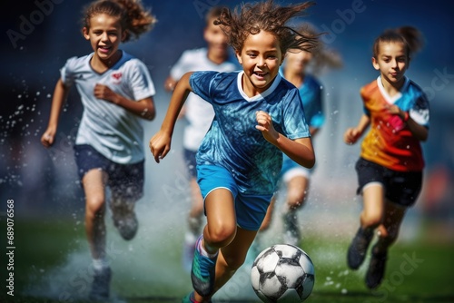 Young female soccer players chasing ball during game. Youth sports and teamwork. © Postproduction