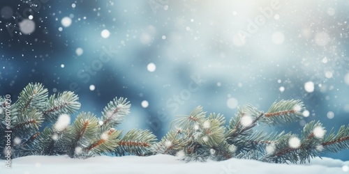 Winter Season with Pine Tree Branches Covered in Snow Caps - Festive Atmosphere with Snowflakes and Bokeh Glitter Lights - Ideal for Mock-Up or Christmas and New Year Backgrounds