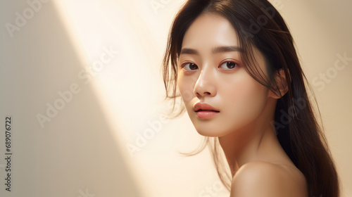Young asian girl with perfect skin on bright background. Female Skin care editorial. Asian beauty portrait. 