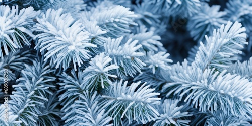 Closeup of Blue Fir Branches Covered in Snow After Snowfall - Winter s Embrace - Detailed Shot Capturing the Crisp Beauty of Nature s Frosty Touch