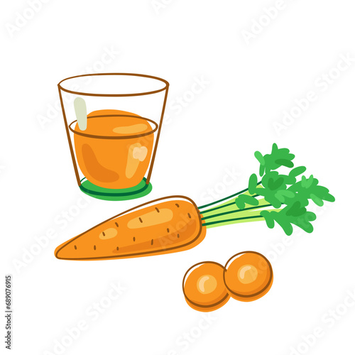 One glass of carrot juice and a fresh carrot. Picture in line style. Dark outline with colored spots. Isolated on white background. Vector flat illustration.