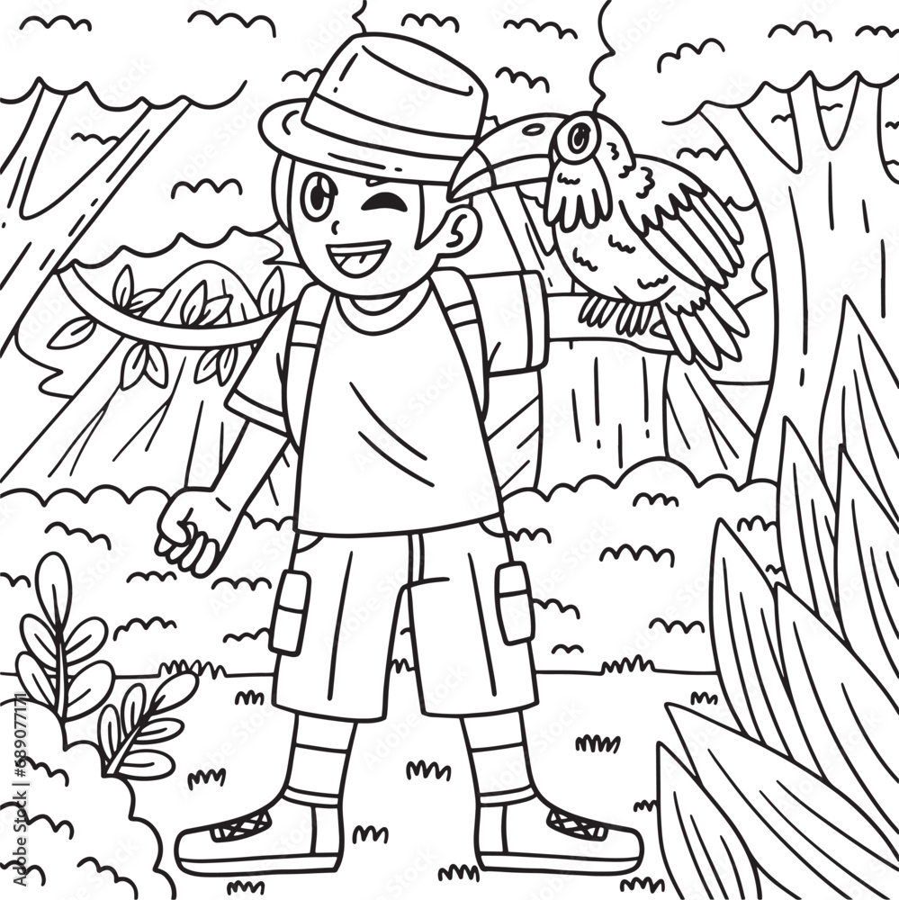 Camping Camper with Toucan Bird Coloring Page