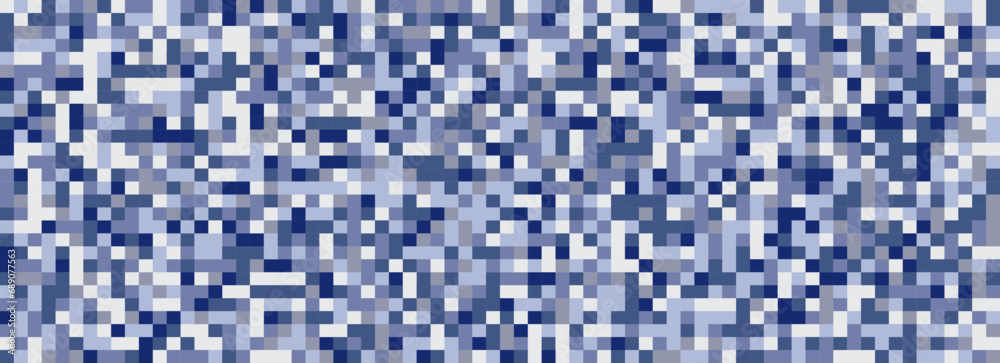 Monochromatic Blue Geometric Pixel Banner. Seamless Blue 8-bit pattern. Square pattern. Vector Illustration.	