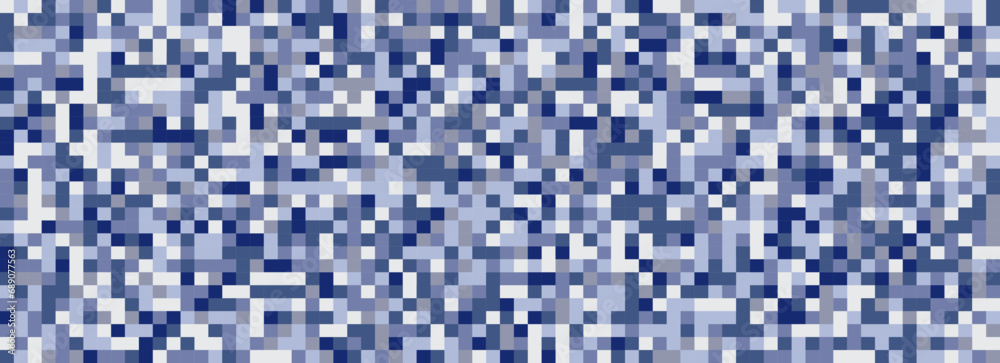 Fototapeta premium Monochromatic Blue Geometric Pixel Banner. Seamless Blue 8-bit pattern. Square pattern. Vector Illustration. 