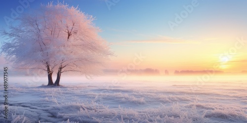 Frosty Morning Sunrise Background with Ample Empty Space for Text - Winter's Gentle Glow - Creating a Tranquil Atmosphere for Messaging or Design