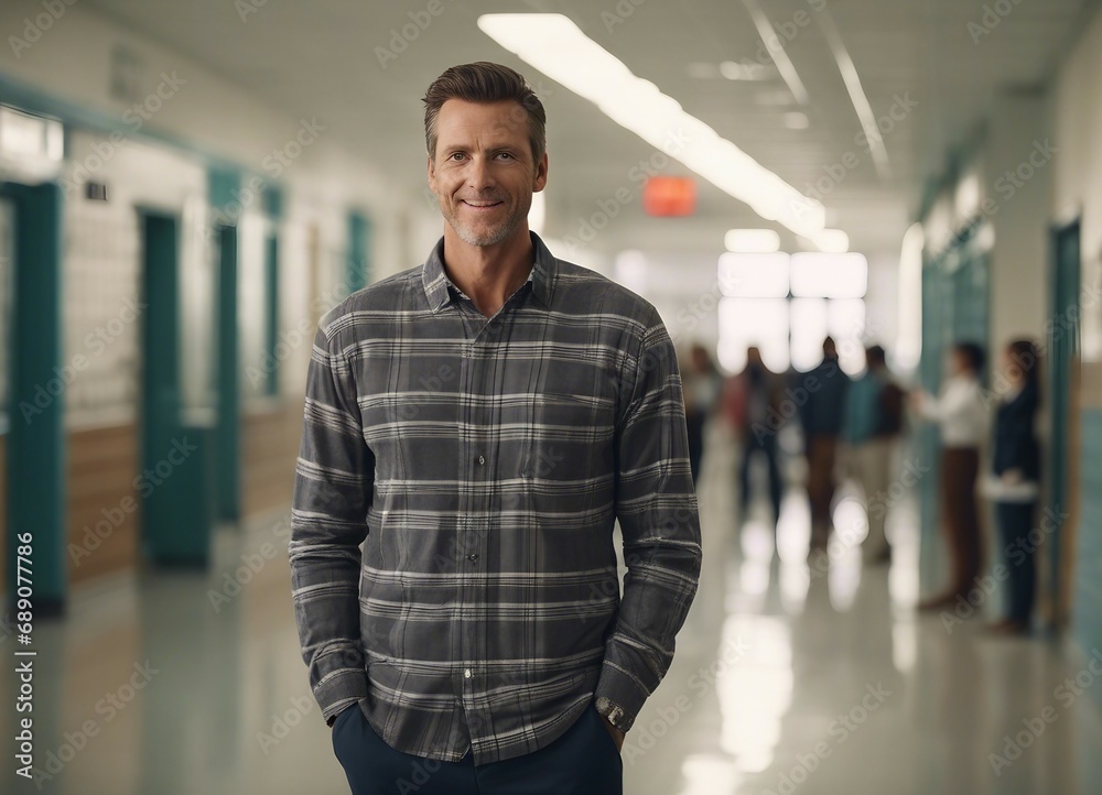 Fototapeta premium portrait of young male elementary school teacher in school hallway, students blurred in background