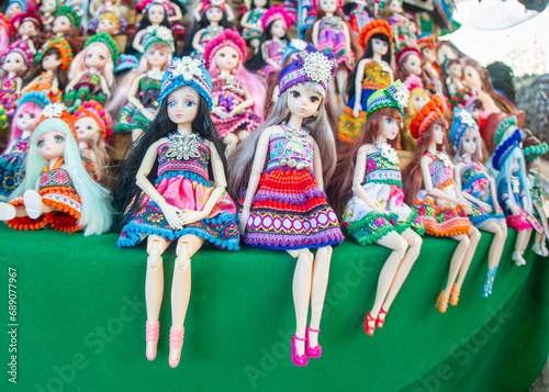 Dolls dressed in bright colours