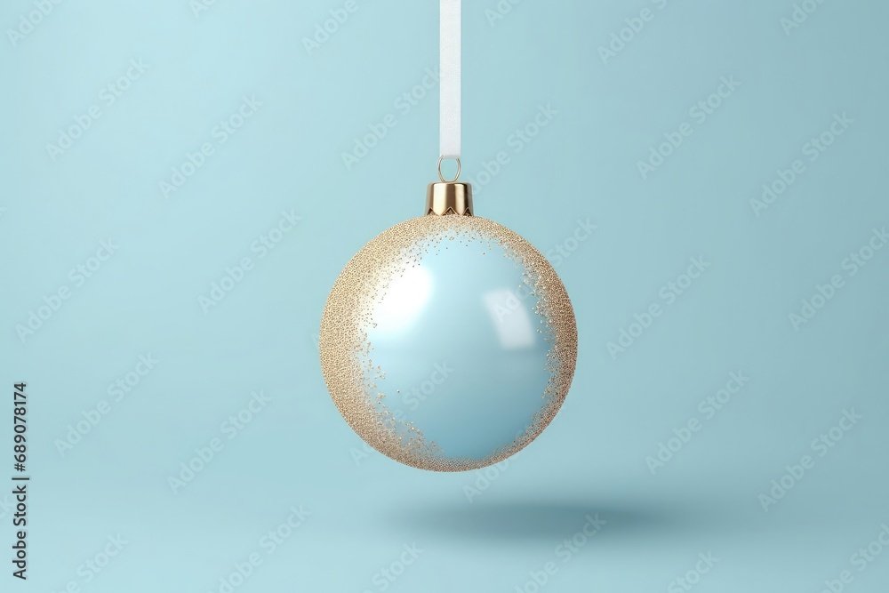 Blue Christmas tree toy ball with golden decoration on pastel blue background. Blue Christmas tree toy ball with golden decoration on pastel blue background.