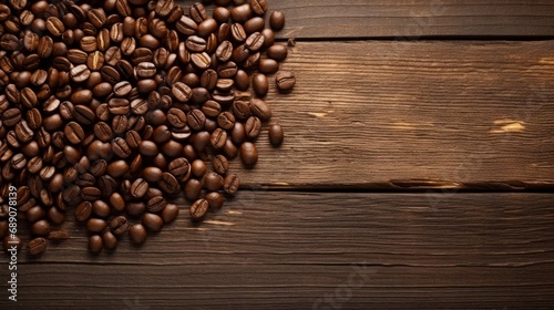 Morning energy concept of black coffee beans seeds in heart shape on brown wooden table. Top view from above, copy space