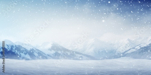 Winter Snow and Ice Background with Falling Snowflakes and Blurred Mountains in the Distance - Capturing the Tranquil Beauty of a Winter Landscape 