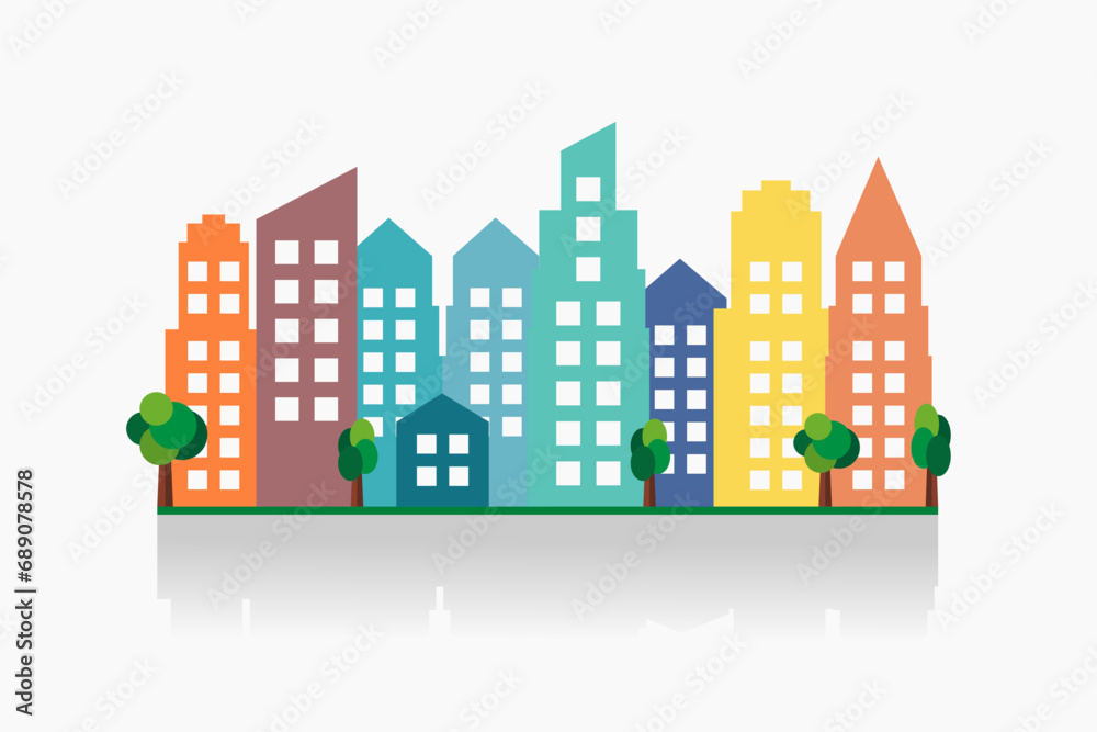 Colorful city skyline with trees. Vector illustration.