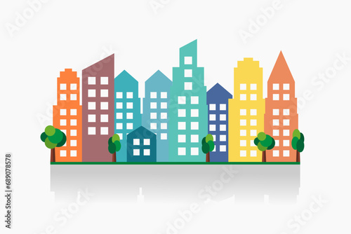 Colorful city skyline with trees. Vector illustration.