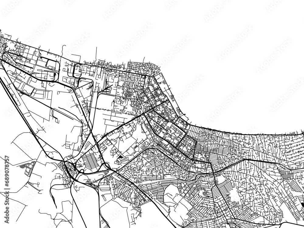 Vector road map of the city of Sumqayit in Azerbaijan with black roads on a white background.