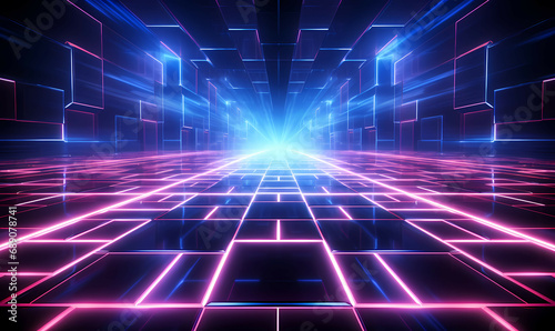 A Blue And Pink Lights In A Room  glowing neon lines Virtual reality space.