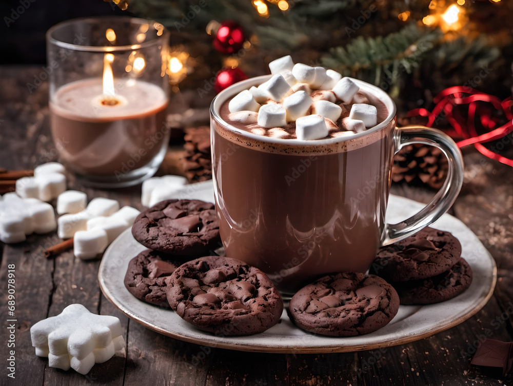 Hot chocolate with marshmallows and chocolate cookies on Christmas Hot chocolate with marshmallows and chocolate cookies on Christmas