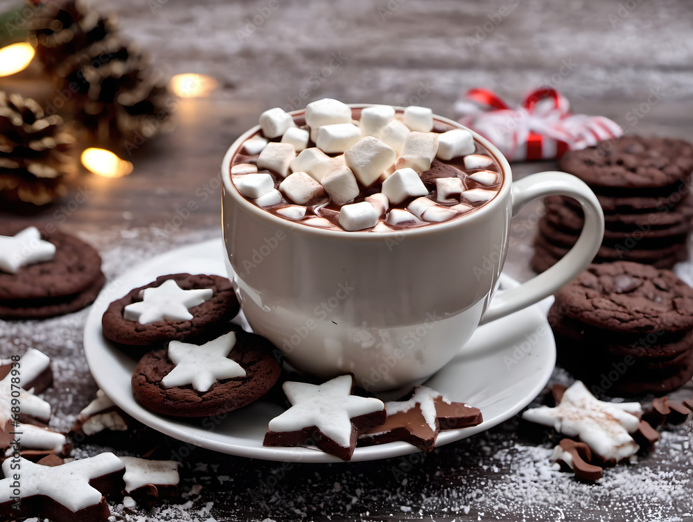 Hot chocolate with marshmallows and chocolate cookies on Christmas