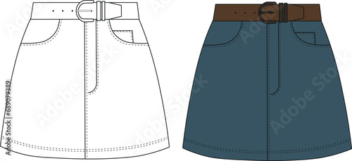 Women's mini Denim Skirt flat sketch fashion illustration drawing with leather belt. High-waist denim mini skirt.
High-waist mini skirt with leather belt. Women's casual skirt set. Vector illustration