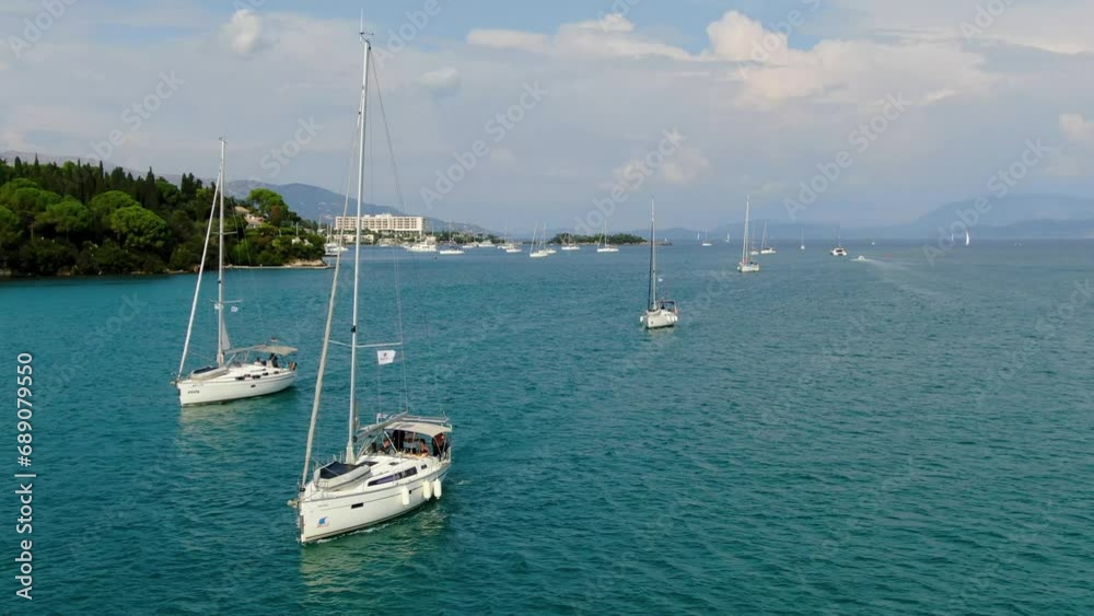Aerial shot of Sailboats in corfu island greece Aerial shot of Sailboats in corfu island greece