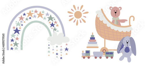 Boho baby rainbow clipart. Boho color rainbow, animals and baby elements for your kids project.