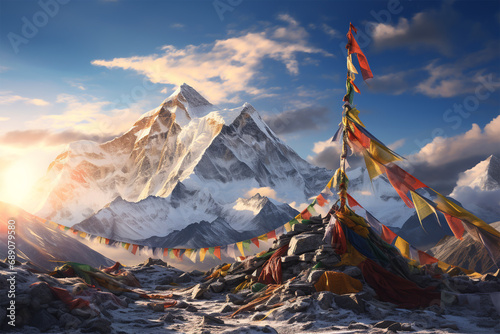 Himalaya-Gebetszauber - Eine beeindruckende Aufnahme von farbenfrohen Gebetsfahnen, die im Wind flattern und die spirituelle Atmosphäre des Himalaya-Gebirges einfangen photo