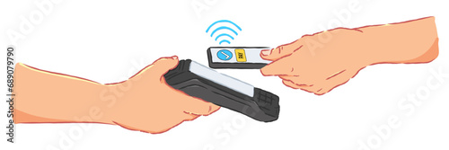 Illustration of two hands holding a smartphone to make an electronic payment with Contactless payment system. Hand of buyer using payment application and POS terminal. Contactless cashless. Flat graph