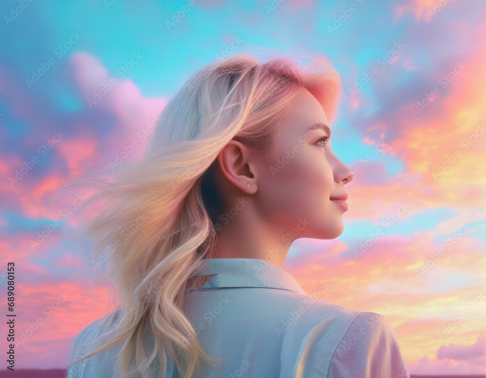 a woman looking to a colorful sky a woman looking to a colorful sky