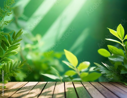 green background with a shade of plants and soft light in room wooden floor blurry