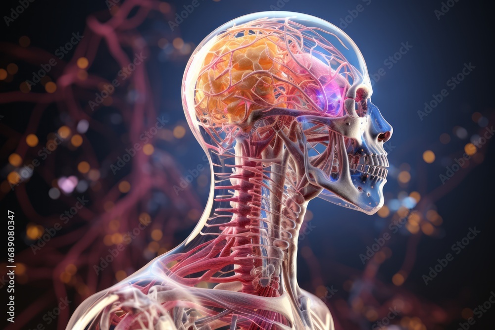 3D illustration of transparent human skull and colorful image human ...