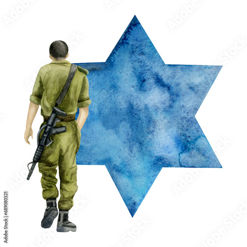 Israel soldier with riffle and blue star of David watercolor illustration isolated on white background. Jewish Memorial day, Yom HaZikaron and Remembrance photo