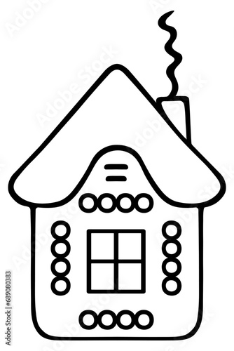 Gingerbread house. Sketch. Shortbread. Vector illustration. Cute house with snow on the roof. Smoke is coming from the chimney. Outline on isolated background. Coloring book for children. 