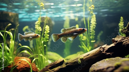 A pair of Killifish in their natural habitat, surrounded by aquatic plants, rocks, and driftwood, creating a serene underwater landscape.