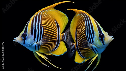 A pair of Raccoon Butterflyfish, their striking facial patterns on full display, surrounded by vivid coral formations.