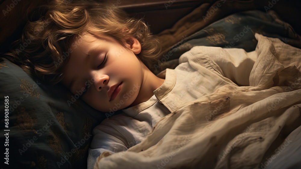 Sleeping child in his bed. A little boy sleeps calmly with his head on the pillow Sleeping child in his bed. A little boy sleeps calmly with his head on the pillow