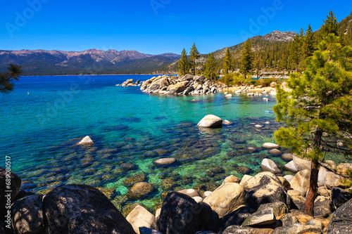Sand Harbor Beach at Lake Tahoe, Nevada State Park, with Sierra Nevada Mountains in the background.