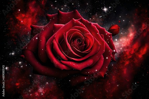 red rose flower in the black background with small glory drops of water lying on the sepals of roses spreading fragrance all-around abstract background 