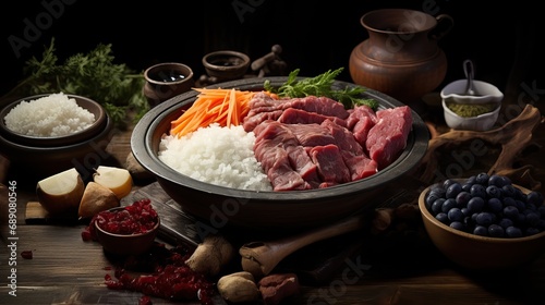 Ingredients for preparing the oriental dish pilaf. Rice, carrots, lamb meat, garlic and spices