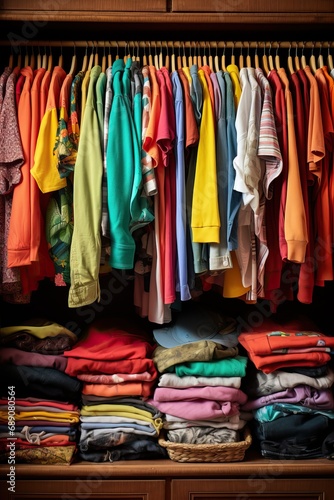 Organized Wardrobe. Close-up of a closet with children's clothes