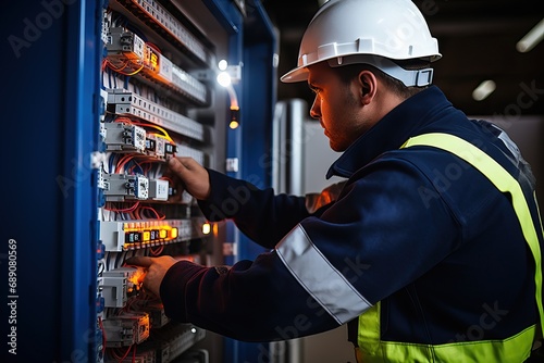 Electrician checks the operation of automatic equipment in an electrical cabinet. Professional work