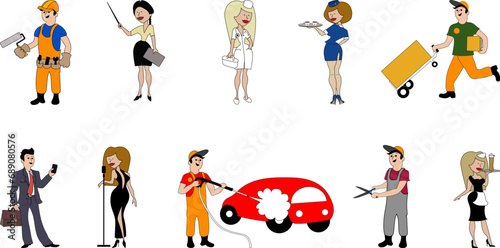 Professions. Collection of professions. Cartoon. Builder, teacher, doctor, flight attendant, courier, businessman, singer, car service worker, gardener, waiter. Illustrations on a transparent backgrou
