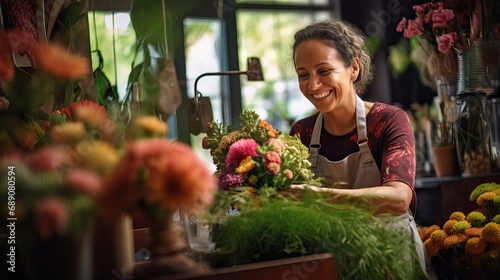 Woman Florist in her small flower shop enjoying bouquets of flowers and work photo