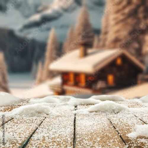 Wooden desk of free space for your decoration. Winter landscape of mountains. Board cover of snow and frost. December time and christsmas compositon. Natural light and empty mockup backdrop.  © magdal3na