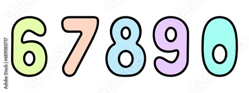 Colored numbers from 0,6,7,8,9. Arabic number symbols with rounded corners. Color vector illustration. Cartoon style. Counting training. Isolated background. Idea for web design.