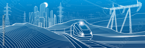 Modern night town. Train rides. Power lines. City Infrastructure and transport illustration. Urban scene. Vector design art. White outlines on blue background