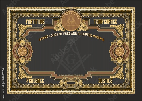 Horizontal blank for creating a certificate, diploma, securities or other documents. Classic design with Masonic symbols in gold tones on a black background. In A4 format. photo